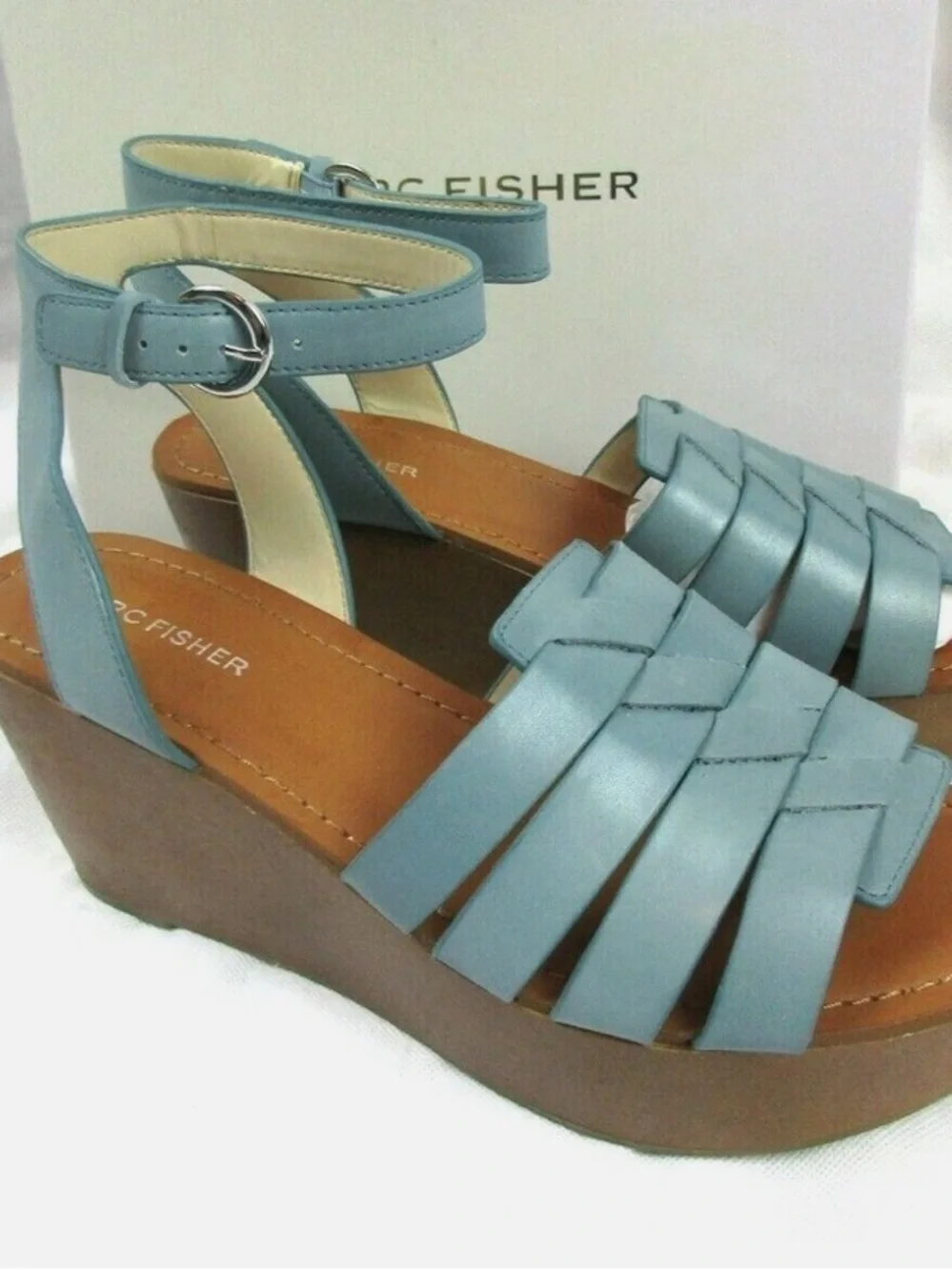Marc Fisher Woven Leather Wedges with Ankle Strap Pastya Storm Blue